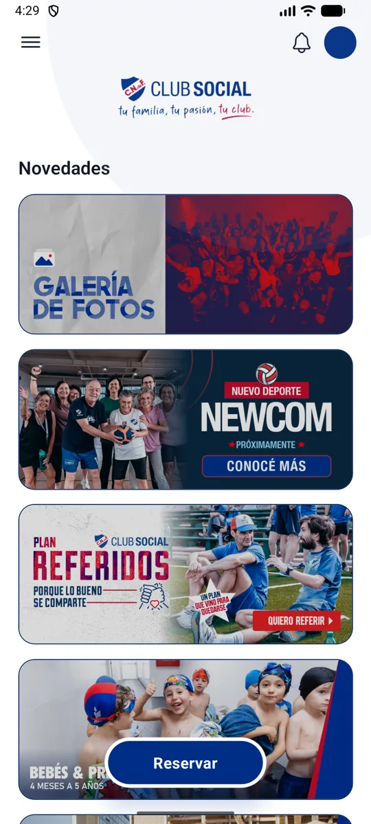 Tela do app de sócio de um clube que roda no Gestio.