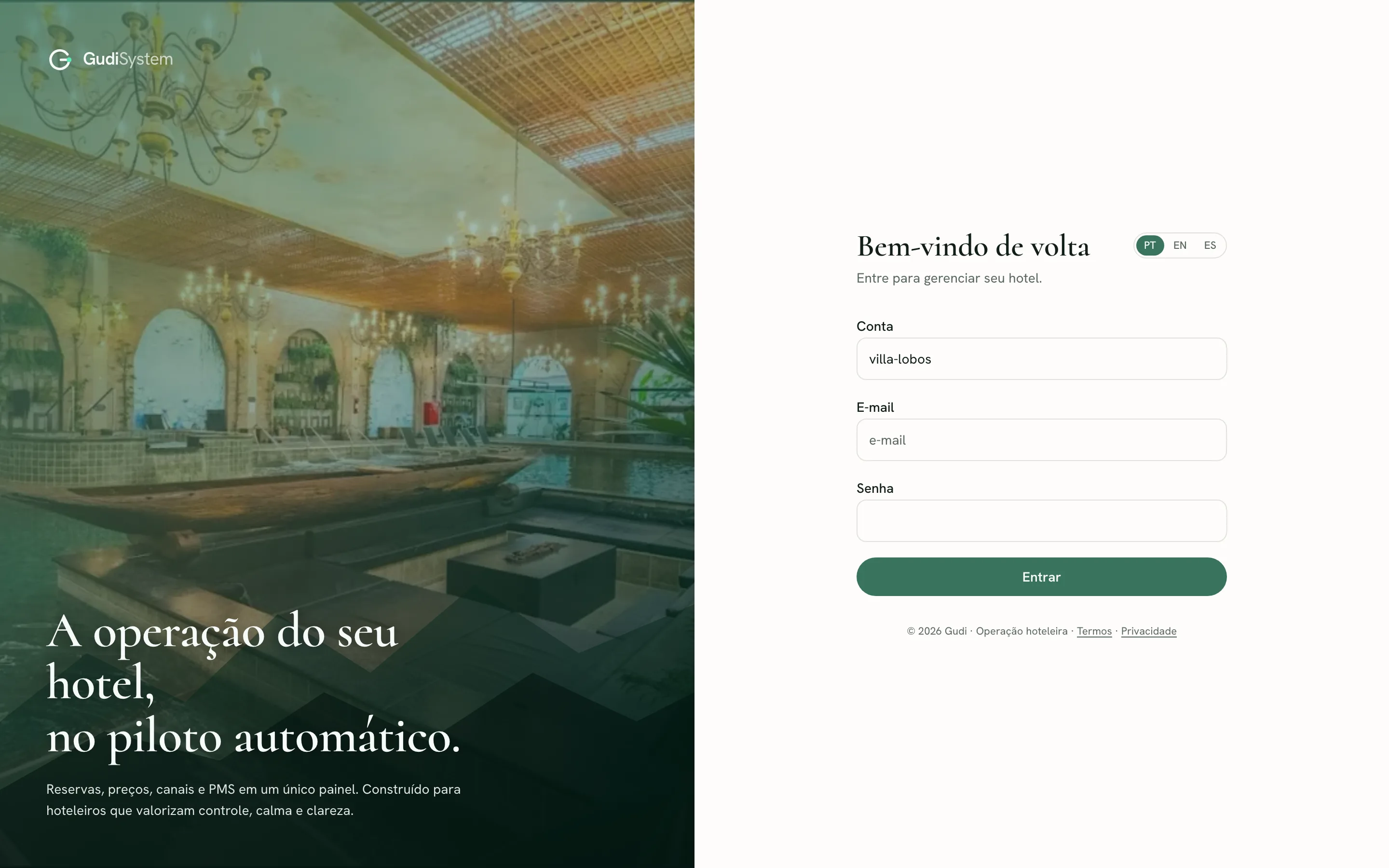 Tela de login do GudiSystem no tenant Villa Lobos, em produção.